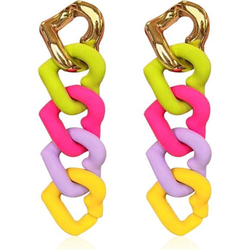 Funky Heart Rainbow Earrings | Extra Long Link Chain Dangle, Colorful Geometric
